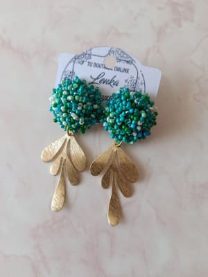 Aros full mostacilla turquesa, hoja dorada1