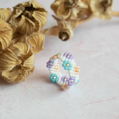 Anillo Primavera celeste, durazno y lila1