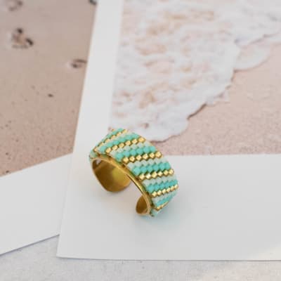 Anillo Ajustable Líneas Diagonal turquesa, menta y dorado1