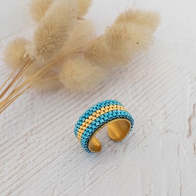 Anillo Ajustable Cintas celeste metalizado y dorado1