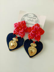 Aros Corazón tela jeans rojo