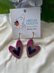 Aros Corazón fucsia y azul con argolla de acero