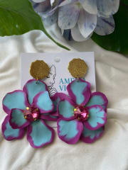 Aros Maxi flor celeste fucsia centro de brillante