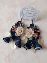 Aros tela reciclada, flor beige, bailarinas de jeans.