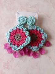 Aros crochet, celeste y fucsia