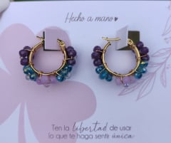 Aros Argollitas pequeñas flor morada y turquesa