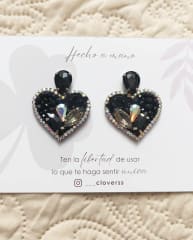 Aros Corazón con gema negro y plateado
