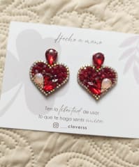 Aros Corazón con gema rojo y plateado