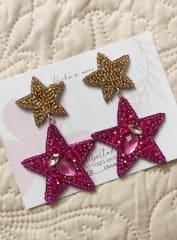 Aros Estrella doble fucsia y dorado
