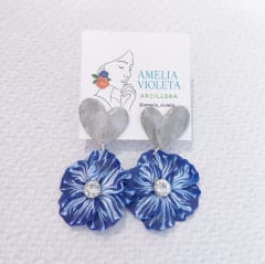 Aros Corazón florido plateado y azul