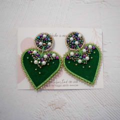 Aros Corazón de terciopelo verde