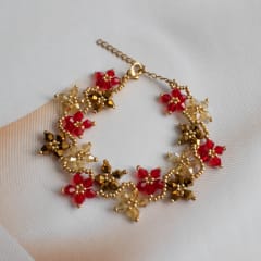 Pulsera Flores rojo, dorado y beige