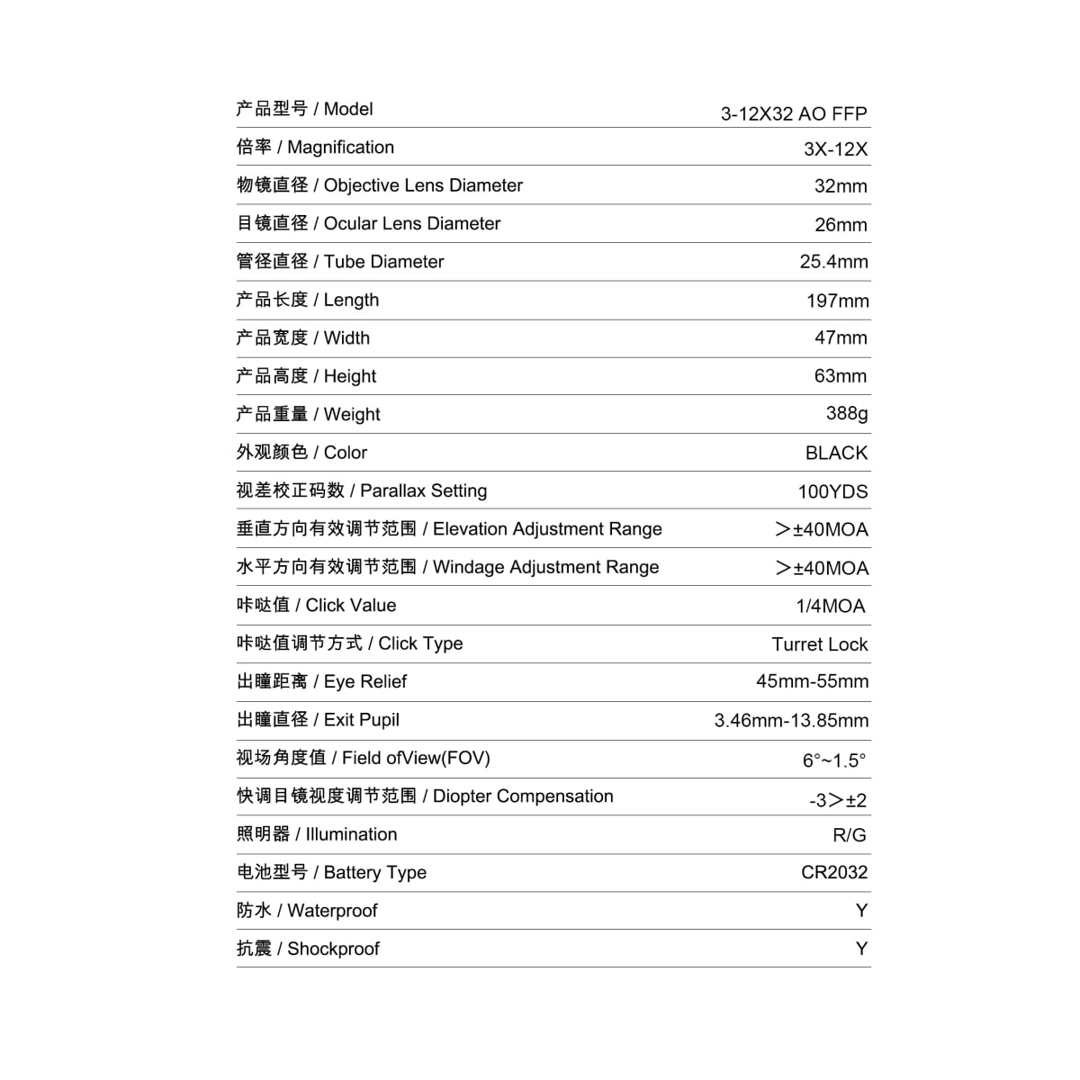 MIRA TELESCOPICA LETAL 3-12X32 AO FFP3