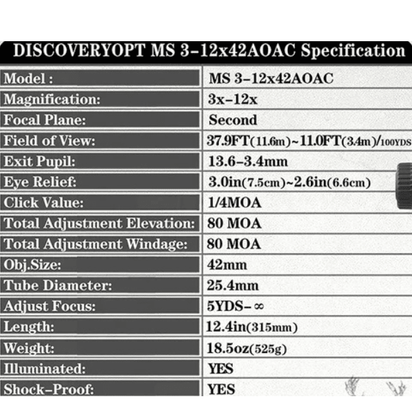 MIRA TELESCÓPICA DISCOVERY MS 3-12X42 AOAC4