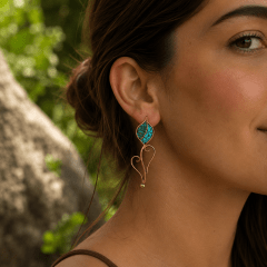 Aros N&F cobre plata bronce colgante hoja corazon crisocola turquesa
