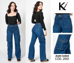 Jeans KJ 2501 cargo azul pretina alta