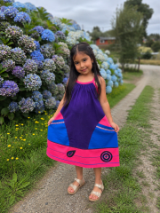 Vestido kisu niña pabilo bolsillo morado coral lino