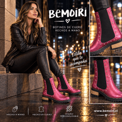 Botín cuero fucsia metalizado elásticos negros