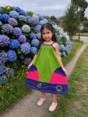 Vestido kisu niña pabilo bolsillo verde morado lino