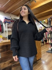 Sueter lana negro cuello camisero manga globo 0