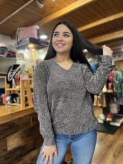 Sueter chenille gris cuello V