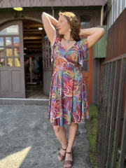 Vestido lycra escote corazon cafe multicolor manga vuelito 1