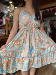 Vestido India pabilo ajuste cintura gold celeste naranjo 1