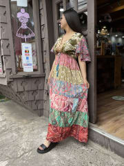 Maxi vestido India seda patchwork naranjo rosado manga mariposa