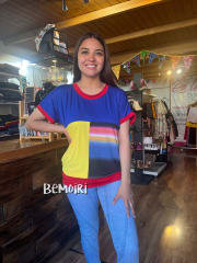 Polera Carolina patchwork azul y rojo