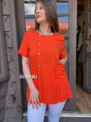 Blusa Lino naranjo con botones laterales y bolsillo