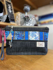 Estuche XL mosaico mezclilla y algodon con asa desmontable