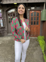 Blazer Marianela sofia verde rombos fucsia