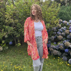 Kimono India seda con lazo y bolsillos naranjo rojo