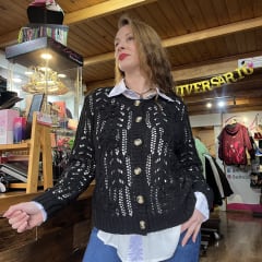 Cardigan botones negro hilo calado flores 0