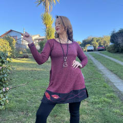 Bluson Kisu kurta lanilla burdeo franja lino negro 0