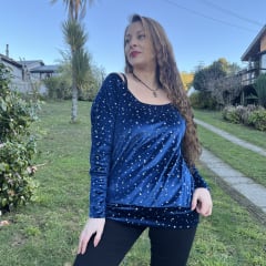 Poleron Mariela velvet azul estrellas