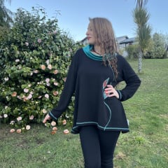 Poleron Kisu Caleu negro turquesa 0