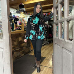 Poleron Candelaria velvet negro floral turquesa
