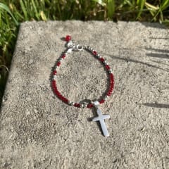 Pulsera plata 925 dije cruz cristales rojo