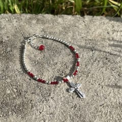 Pulsera plata 925 dije crucifijo cristales rojo