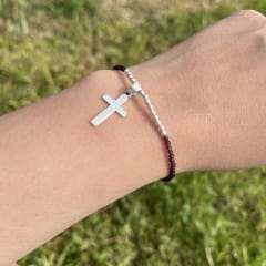 Pulsera plata 925 dije cruz cristales morado