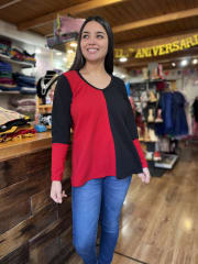 Poleron bicolor negro y rojo cuello V 1