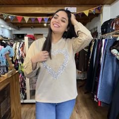 Poleron algodon corazon brillo beige