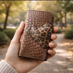 Billetera cuero corazon leopardo cafe 2 cuerpos