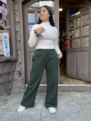 Palazzo franela algodón verde botella cintura elasticada con bolsillos 0