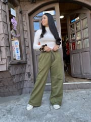 Palazzo franela algodón verde Olivo cintura elasticada con bolsillos