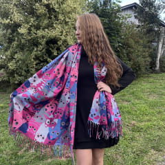 Bufanda Cashmere gatitos rayitas magenta azul