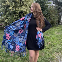 Bufanda Cashmere gatitos rayitas azul