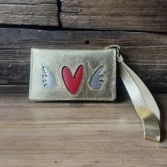 Billetera cuero corazon alado rojo dorado 2 cuerpos 2