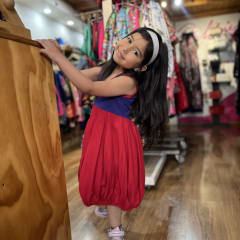 Vestido kisu niña globo  morado rojo lino algodon